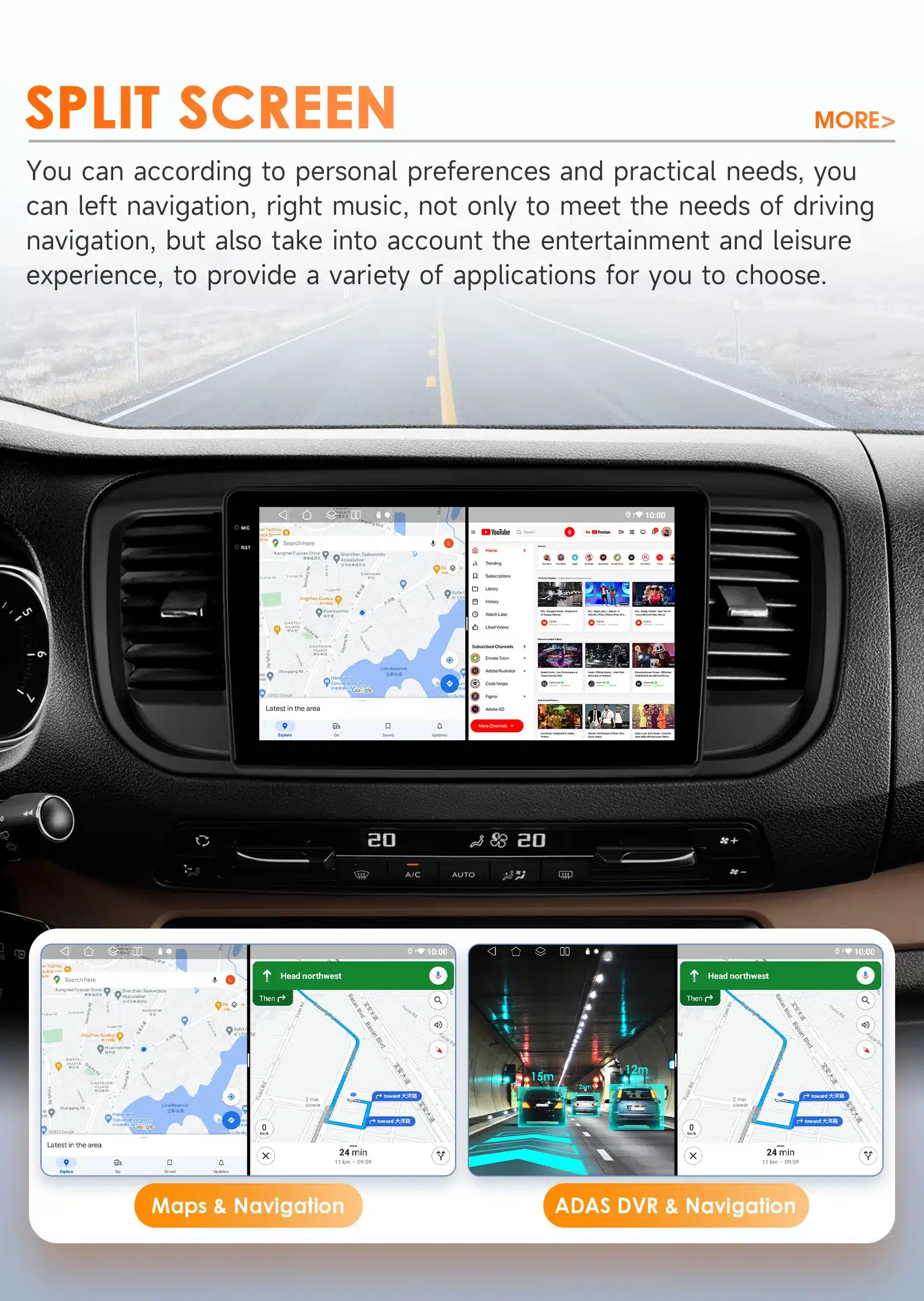 Pildil on 9-tolline multimeedia mängija, mis on paigaldatud Peugeot Expert 3 või Citroen Jumpy 3 autosse. Ekraanil kuvatakse GPS navigatsiooni ja YouTube'i rakendust korraga, tänu Android operatsioonisüsteemile. Armatuurlaud on must ja minimalistlik, taustal on näha sirge maantee hallide pilvedega.