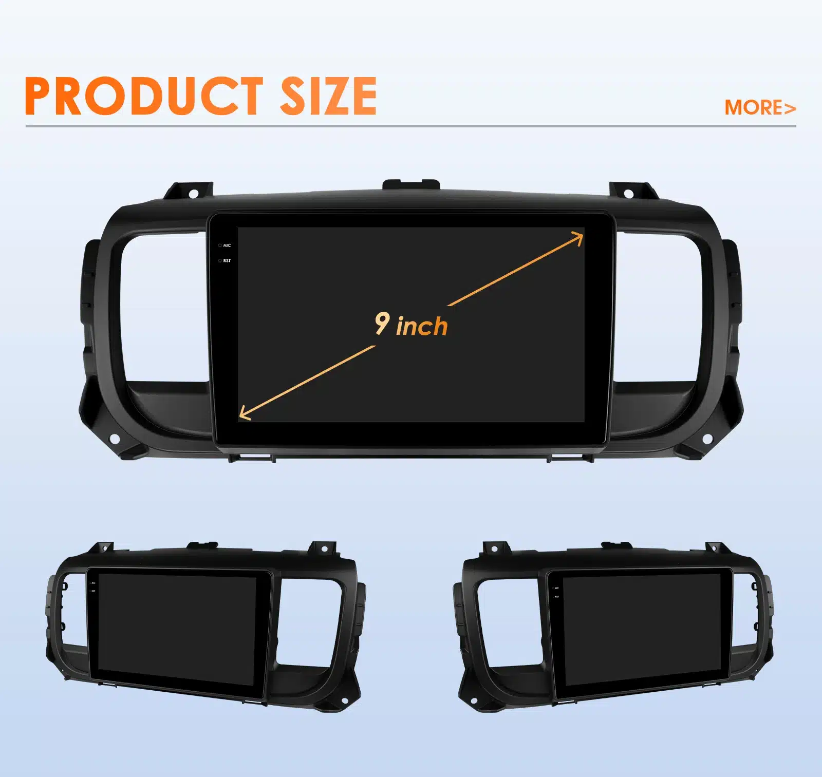 Must raamitud multimeedia mängija koos 9-tollise ekraaniga, sobiv Peugeot Expert 3 ja Citroen Jumpy 3 sõidukitele. Erinevad vaated paneelidest sinise taustal.