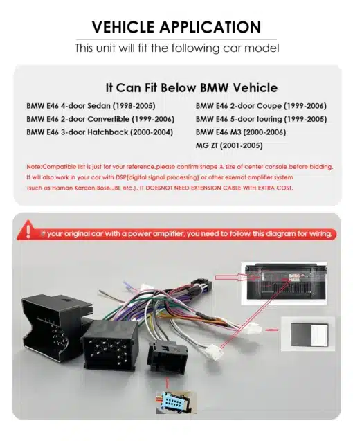 Pilt näitab kaableid ja pistikuid, mis on mõeldud auto raadio 9" 4G ja GPS-iga BMW 3 seeria E46 1998-2005 paigaldamiseks. Kaablid on mitmevärvilised ja paigutatud hallil taustal.