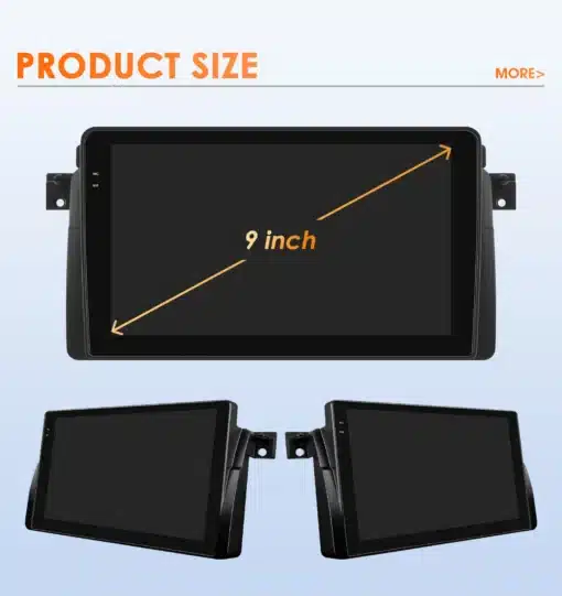 9-tolline auto raadio ekraan, mis sobib BMW 3 seeria E46 1998-2005, mustas korpuses koos külgkinnitustega. Taust on helesinine.