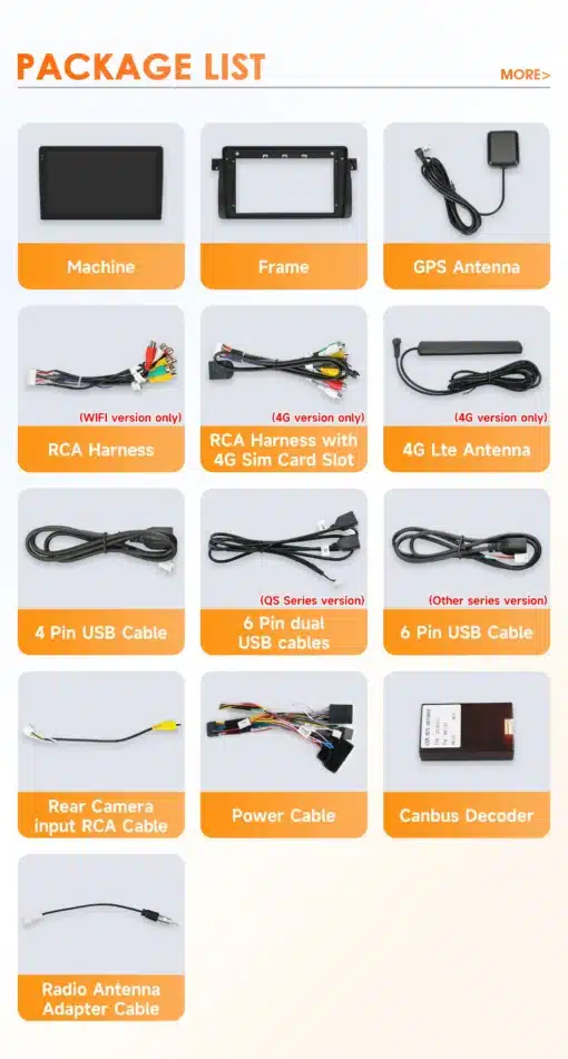 Auto raadio 9" 4G ja GPS-iga BMW 3 seeria E46 1998-2005 paigaldamiseks vajalikud komplekti osad, sealhulgas masin, raam, GPS-antenni ja erinevad kaablid puhta valge taustaga.