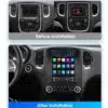 Multimeedia autoradio Dodge Durango 2014-2020 paigaldatud autosse, võrdlus enne ja pärast uue GPS-i ja CarPlay süsteemi lisamist, ekraanil on erinevad ikoonid ja funktsioonid nähtaval taustal.