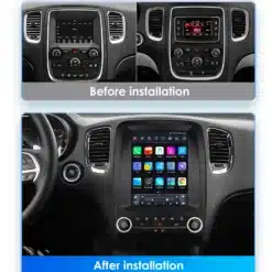 Multimeedia autoradio Dodge Durango 2014-2020 paigaldatud autosse, võrdlus enne ja pärast uue GPS-i ja CarPlay süsteemi lisamist, ekraanil on erinevad ikoonid ja funktsioonid nähtaval taustal.