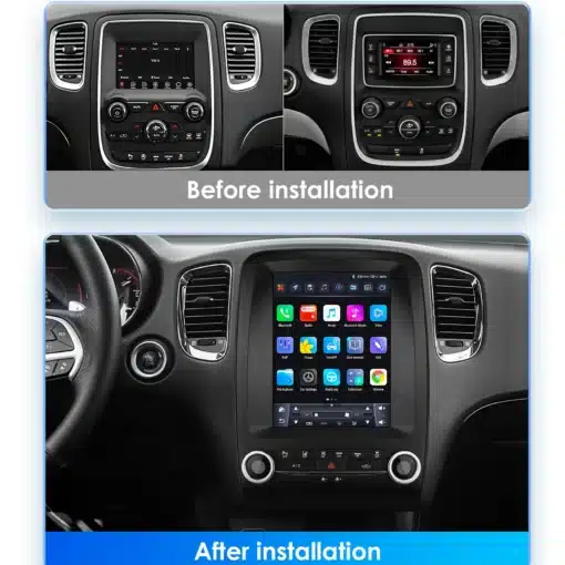 Multimeedia autoradio Dodge Durango 2014-2020 paigaldatud autosse, võrdlus enne ja pärast uue GPS-i ja CarPlay süsteemi lisamist, ekraanil on erinevad ikoonid ja funktsioonid nähtaval taustal.