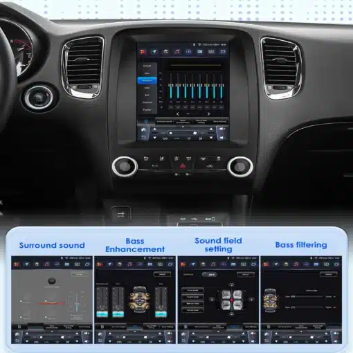 Multimeedia autoradio Dodge Durango 2014-2020: suure eraldusvõimega puutetundlik ekraan, heliseadete juhtimine, GPS ja CarPlay funktsioonid vastupidava armatuurlaua taustal.