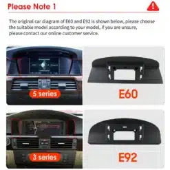 Pilt näitab BMW 5. ja 3. seeria armatuurlaudu koos integreetavate Android autoraadiote, GPS-iga ja Carplay toega, mudelite E60 ja E92 jaoks.