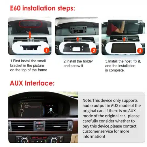 BMW Android autoraadio GPS-iga ja Carplay toega E60 E90 | E-pood Tootemaailm BMW salongi armatuurlaud koos paigaldusprotsessi diagrammiga Android autoraadiole GPS-iga ja Carplay toega E60 E90 mudelitele. Üksikasjalik installeerimisjuhis AUX liidesega.