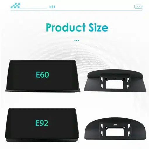 BMW Android autoraadio GPS-iga ja Carplay toega E60 E90 | E-pood Tootemaailm BMW Android autoraadio GPS-iga ja Carplay toega E60 E90, esitluses kaks erinevat ekraani ja paigaldusraami valgetel taustal.