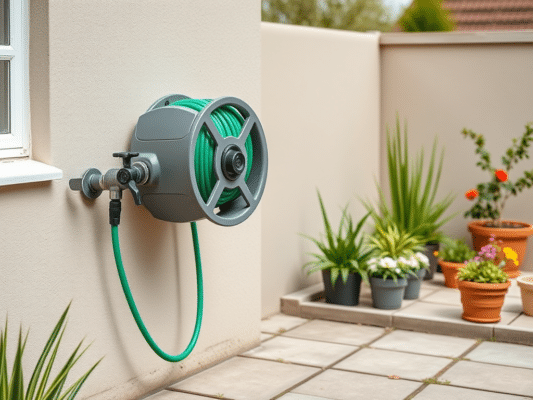 Aiavooliku rullik või hoidik? | E-pood Tootemaailm Seinale kinnitatud aiavooliku rullik terrassi kõrval