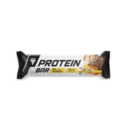 Valgubatoon TREC Protein Bar, VANILLA & CARAMEL, 49g rõhutatud pakendil; pakett on valge musta ja kuldse aktsendiga, koos vanilli ja karamelli visuaalidega.