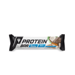 Valgubatoon TREC Protein Bar 48g, Coconut & Caramel pakendis, kus peal on kujutatud kookospähkel ja karamell. Valge taust toob esile batooni mustad detailid ja maitse kergelt sinise disaini.