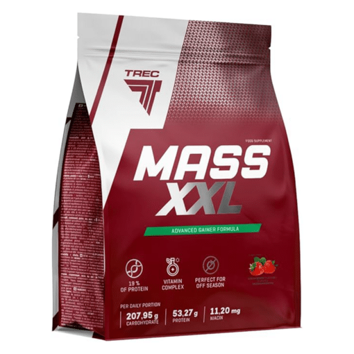Punane ja valge kott Massilisaja TREC Mass XXL, 1000g, Strawberry maitsega. Kott sisaldab olulisi toitaineid nagu valk ja süsivesikud, ideaalne kehakaalu tõstmiseks.