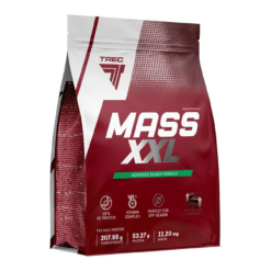 Punane TREC MASS XXL CHOCOLATE 1000g pakk, millel on valge ja hõbedane tekst, tumepunase taustaga ja näha on toitumisinfo ikoonid.