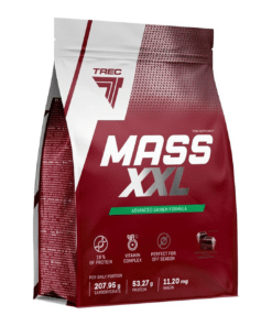 Punane TREC MASS XXL CHOCOLATE 1000g pakk, millel on valge ja hõbedane tekst, tumepunase taustaga ja näha on toitumisinfo ikoonid.