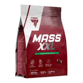 Punane TREC MASS XXL CHOCOLATE 1000g pakk, millel on valge ja hõbedane tekst, tumepunase taustaga ja näha on toitumisinfo ikoonid.