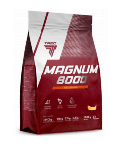 Punases ja valges kotis Toitainekontsentraat TREC Magnum 8000, 1000g, Banana. Kotil on kirjad massilisaja omaduste ja koostisosade kohta, sealhulgas kreatiin ja MCT õli.