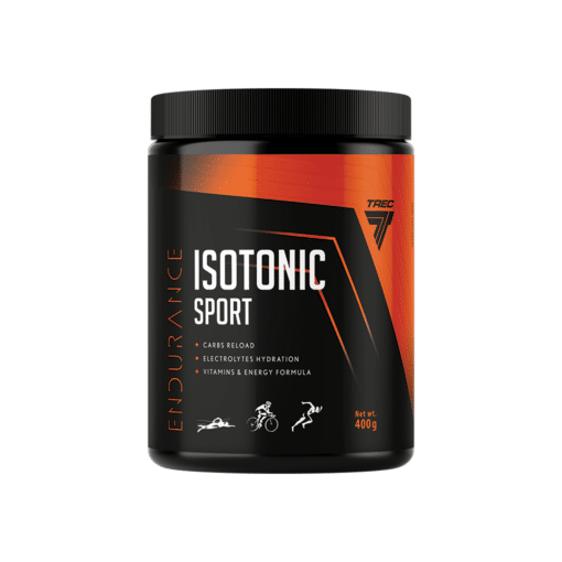 Suur musta värvi purk oranži graafikaga, mis sisaldab isotoonilist pulbrit sidruni maitsega spordiks 400 g, et pakkuda tõhusat energiataastust ja hüdratsiooni treeningu ajal.