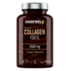 Essensey Collagen Forte 2400 mg toidulisand pruunis pudelis, sisaldab 120 kapslit mineraalikapsleid liigestele ja nahale. Pudelil on metallik kork ja selge silt valgete ja roheliste detailidega, asetatud valgel taustal.