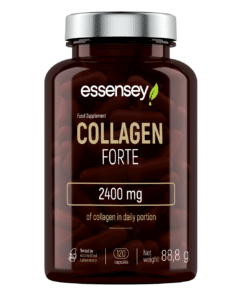 Essensey Collagen Forte 2400 mg toidulisand pruunis pudelis, sisaldab 120 kapslit mineraalikapsleid liigestele ja nahale. Pudelil on metallik kork ja selge silt valgete ja roheliste detailidega, asetatud valgel taustal.