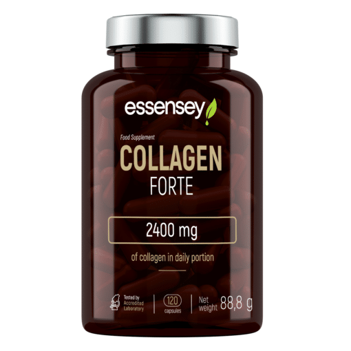 Mineraalikapslid liigestele ja nahale 120 kapslit | E-pood Tootemaailm Essensey Collagen Forte 2400 mg toidulisand pruunis pudelis, sisaldab 120 kapslit mineraalikapsleid liigestele ja nahale. Pudelil on metallik kork ja selge silt valgete ja roheliste detailidega, asetatud valgel taustal.