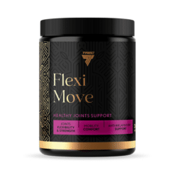 Must ja kuldne toidulisandi purk kirjaga 'Flexi Move', mis toetab liigeste tervist ja liikumismugavust. Taustal neutraalne, valge stuudio.