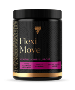 Must ja kuldne toidulisandi purk kirjaga 'Flexi Move', mis toetab liigeste tervist ja liikumismugavust. Taustal neutraalne, valge stuudio.