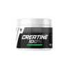Valge ja must disainiga Kreatiin pulbri purk, mille etiketil on kirjas 'Creatine 100%' ja '300g'. Purk on paigutatud puhtal, valgel taustal, viidates tootmise puhtusele ja kvaliteedile. Kreatiin pulber 100% puhas 300g lihastele ja jõutreeninguks.