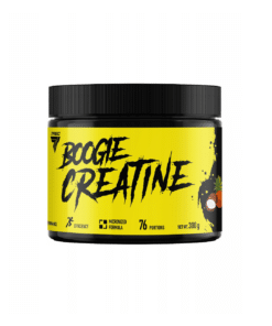 Kreatiin pulber troopilise maitsega, oranž, 300 g kollase etiketiga mustas purgis.