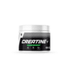 Must-valge toode, mille pakendil on kirjas 'Creatine+'. Kreatiini pulber treenijale 300g lihaste jõu ja kasvuks. Valge plastipurk neutraalsel taustal rõhutab oma modernset ja minimalistlikku disaini treeningefekti suurendamiseks.