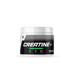 Must-valge toode, mille pakendil on kirjas 'Creatine+'. Kreatiini pulber treenijale 300g lihaste jõu ja kasvuks. Valge plastipurk neutraalsel taustal rõhutab oma modernset ja minimalistlikku disaini treeningefekti suurendamiseks.