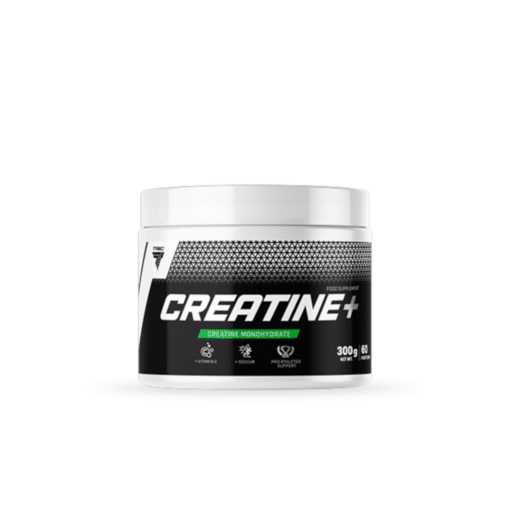 Must-valge toode, mille pakendil on kirjas 'Creatine+'. Kreatiini pulber treenijale 300g lihaste jõu ja kasvuks. Valge plastipurk neutraalsel taustal rõhutab oma modernset ja minimalistlikku disaini treeningefekti suurendamiseks.