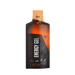 Energiageel TREC ENERGY GEL ORANGE 40 g on must ja oranž pakend, mida kaunistavad sportlikud sümbolid. Pakendi esiküljel toodetakse oluline teave ja toote nimetus eristub hästi. Taust on valge, mis rõhutab toote ergast värviskeemi.