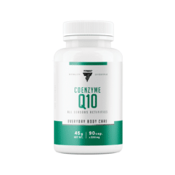 Antioksüdant TREC COENZYME Q10, 90 kapslit valges plastpudelis, millel on roheline silt ja musta värvi tekst. Pudeli taust on lihtne ja valge, mis rõhutab toote puhtust ja kvaliteeti.
