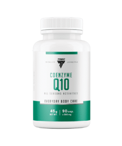 Antioksüdant TREC COENZYME Q10, 90 kapslit valges plastpudelis, millel on roheline silt ja musta värvi tekst. Pudeli taust on lihtne ja valge, mis rõhutab toote puhtust ja kvaliteeti.