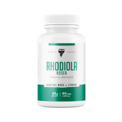 Adaptogeen TREC RHODIOLA ROSEA, 90 kapslit - valge pudel rohelise ja valge etiketiga, millel on selged kirjad ja TREC logo.