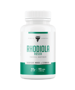 Adaptogeen TREC RHODIOLA ROSEA, 90 kapslit - valge pudel rohelise ja valge etiketiga, millel on selged kirjad ja TREC logo.