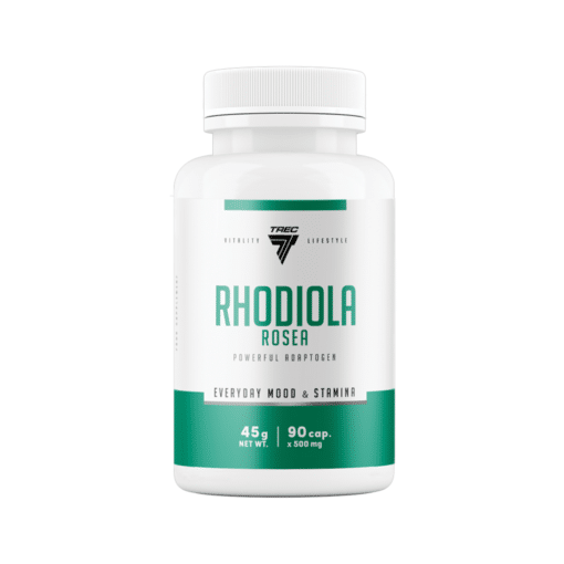 Adaptogeen TREC RHODIOLA ROSEA, 90 kapslit - valge pudel rohelise ja valge etiketiga, millel on selged kirjad ja TREC logo.