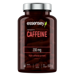 Läbipaistev pruun plastpudel hõbedase korgiga, sisaldades Kofeiinitabletid TREC ESSENSEY CAFFEINE 120 kapslit. Pudelil on selged punase ja valge tekstiga sildid, märkides toote kofeiinisisalduseks 200 mg.