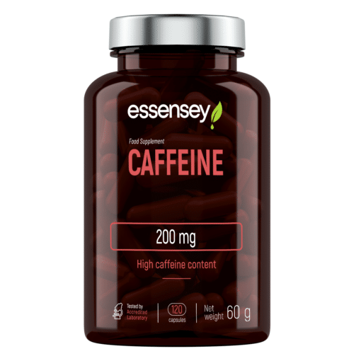 Läbipaistev pruun plastpudel hõbedase korgiga, sisaldades Kofeiinitabletid TREC ESSENSEY CAFFEINE 120 kapslit. Pudelil on selged punase ja valge tekstiga sildid, märkides toote kofeiinisisalduseks 200 mg.