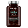 Pruunist klaasist pudel Adaptogeen TREC ESSENSEY KOREAN GINSENG 90 kapslit, mille ees on kiri 'Energy and vitality', sisaldades 500 mg Korea ženšenniekstrakti, valge metallkaanega pakend.