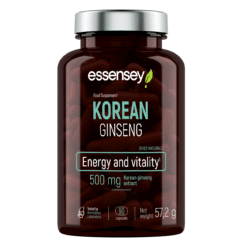 Pruunist klaasist pudel Adaptogeen TREC ESSENSEY KOREAN GINSENG 90 kapslit, mille ees on kiri 'Energy and vitality', sisaldades 500 mg Korea ženšenniekstrakti, valge metallkaanega pakend.