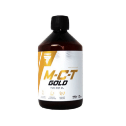 Tumedast klaasist pudel Triglütseriit TREC M-C-T GOLD 400 ml valge ja kuldse etiketiga, millel on selgelt kirjas toodet ja brändi tutvustav tekst. Pudeli taust on valge, tuues esile toote puhta ja professionaalse välimuse.