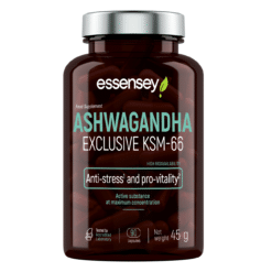 Adaptogeen TREC ESSENSEY ASHWAGANDHA EXCLUSIVE KSM-66 90 kapslit, pruun läbipaistev purk, hõbedane kork, musta ja rohelise kirjaga etikett.