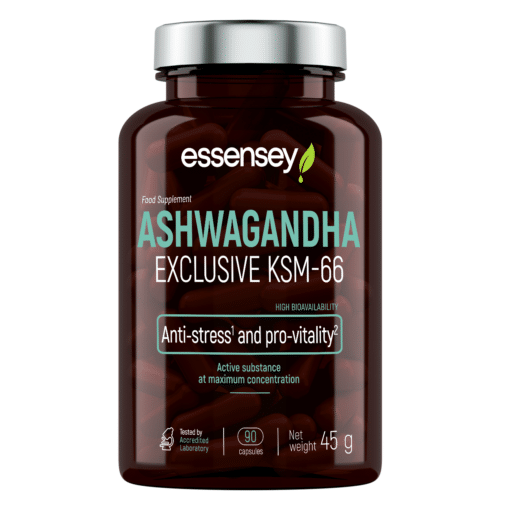 Adaptogeen TREC ESSENSEY ASHWAGANDHA EXCLUSIVE KSM-66 90 kapslit, pruun läbipaistev purk, hõbedane kork, musta ja rohelise kirjaga etikett.