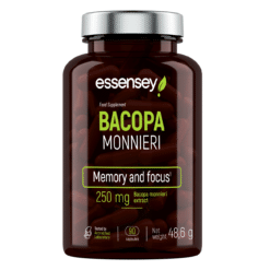 Adaptogeen TREC ESSENSEY BACOPA MONNIERI 90 kapslit pruunis läbipaistvas purgis koos hõbedase kaanega, valge taustal. Etikett lubab paremat mälu ja keskendumist, sisaldades 250 mg Bacopa monnieri ekstrakti.