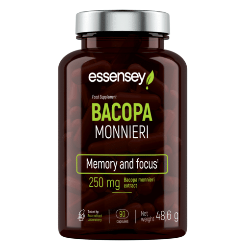 Adaptogeen TREC ESSENSEY BACOPA MONNIERI 90 kapslit pruunis läbipaistvas purgis koos hõbedase kaanega, valge taustal. Etikett lubab paremat mälu ja keskendumist, sisaldades 250 mg Bacopa monnieri ekstrakti.