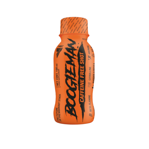 Helkoranž pudel kofeiinivaba shotiga TREC Boogieman Shot Caffeine Free 100ml, Ice Tea Peach, millel on mustade ja oranžide tekstidega sildid ning keerdkorgiga kaas. Pudelit ümbritseb hele taust, mis toob esile toote värvid ja disaini.