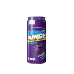 Energiajook 6PAK Energy Punch 250ml, Acai lilla purk, mille esiküljel on sinised ja kollased kirjandid ning pilt acai marjadest, valgel taustal.