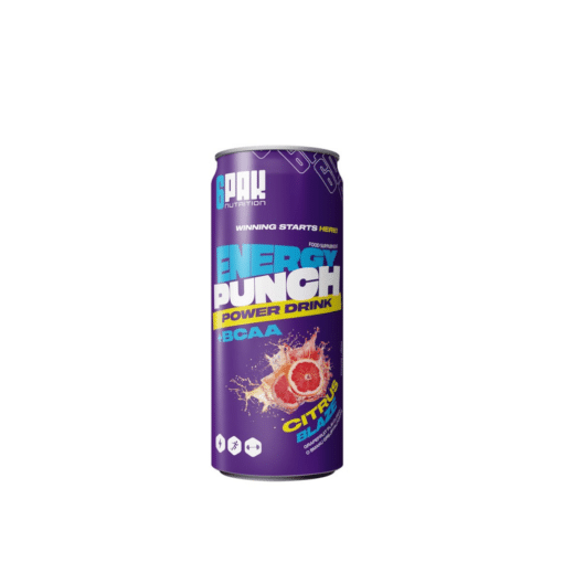 Violetne 250ml purk koos Energiajook 6PAK Energy Punch grapefruitiga, mille esiküljel on värske greibiviiluga pritsiv energiajoogigraafika.