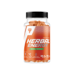 Naturaalsed energiakapslid TREC Herbal Energy, 60 kapslit, läbipaistvas plastpudelis oranži ja valge sildiga neutraalsel taustal.
